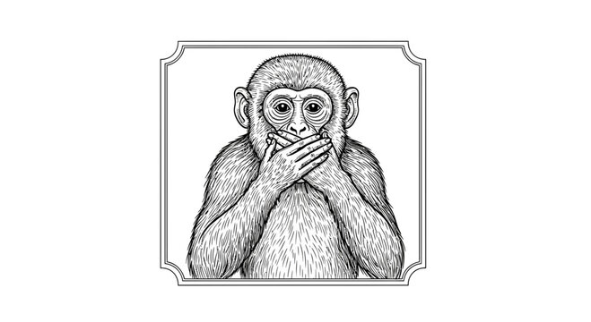 Monkey Covering Mouth, Vintage Illustration, Three Wise Monkeys Concept, Silence Symbol