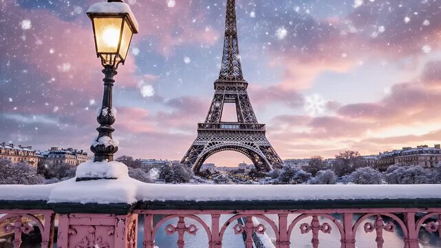 Snowy Parisian Riverside Evening Scene Featuring the Eiffel Tower and Frosted Railings