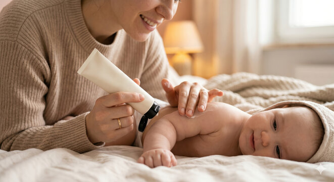 A mother gently puts lotion on her baby's skin in a warm bedroom. The baby sits comfortably while the mother smiles. The morning light fills the room
