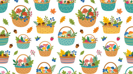 Fototapeta premium Cute Flat Vector Seamless Pattern with Autumn Harvest Baskets full of Mushrooms, Berries, and Leaves