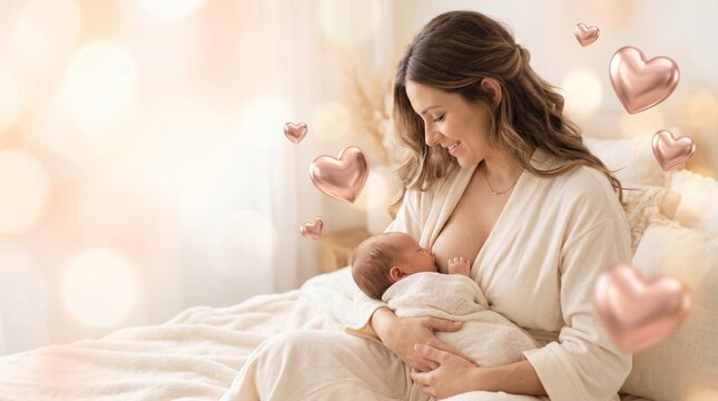 Mother tenderly breastfeeding her newborn baby surrounded by soft bokeh and heart decorations
