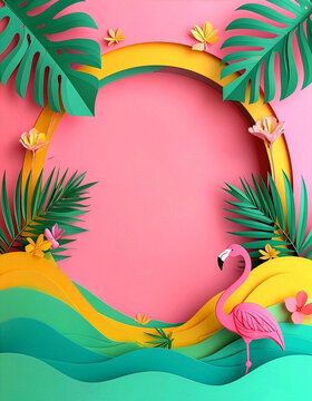 Paper cut tropical flamingo background frame banner