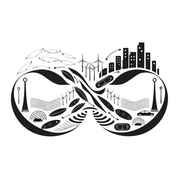 Futuristic Infinity Leaf Renewable Energy Ecosystem Silhouette Vector Featuring Solar Wind Hydrogen Geothermal Smart Grid Sustainability Innovation Branding Illustration