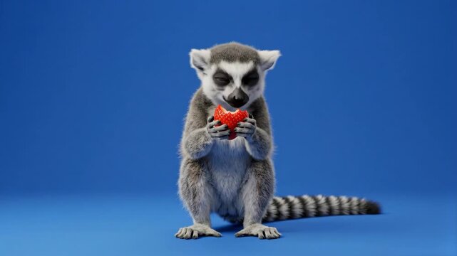 A detailed 3D animation of a realistic ring-tailed lemur sitting and eating a bright red strawberry against a solid blue backdrop. Perfect for commercial video editing, wildlife content, and organic f