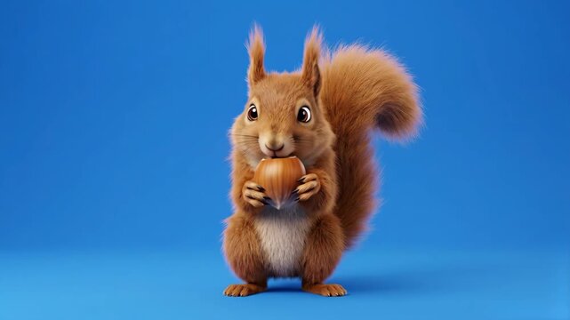 A cute 3D animated red squirrel stands and inspects a large hazelnut against a solid blue studio backdrop. The vibrant, clean aesthetic makes it great for commercial promotions, educational videos, an