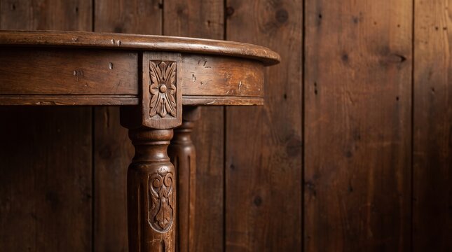 Beautiful dark brown carved wooden table leg standing against a matching timber background