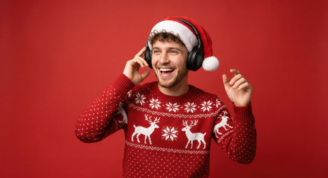 A man enjoys music with headphones on while dancing. He wears a Christmas sweater and a festive hat. The background is bright red, creating a fun holiday vibe