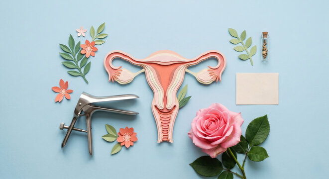 A uterus model is shown with medical instruments like a speculum. Flowers and leaves surround the model. A small empty card is also present on the blue surface