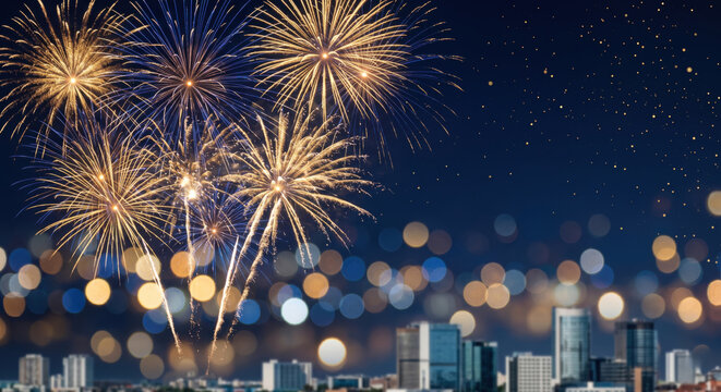 Bright fireworks burst in the night sky above the city skyline. People gather below to watch the colorful display as the celebration fills the air with excitement and joy