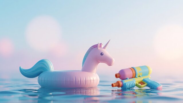 Pink unicorn pool float and water guns floating on water