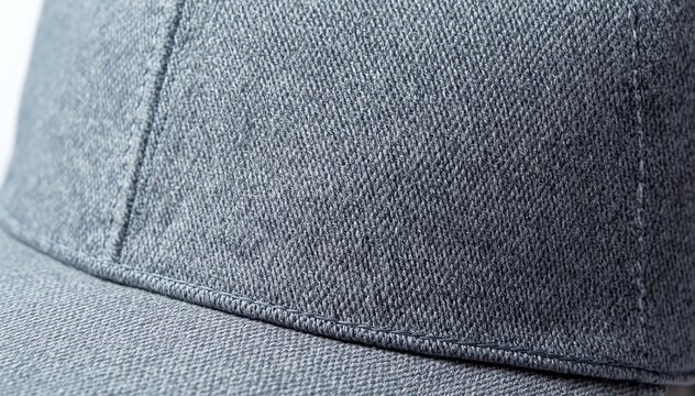 Close-up of grey fabric baseball cap texture and stitching