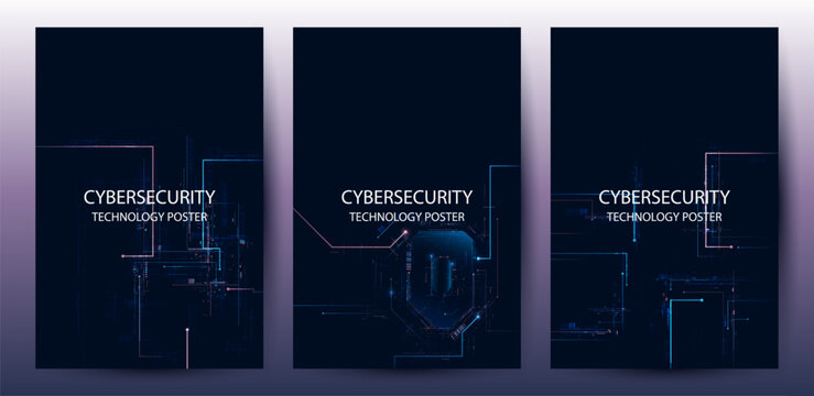 Cybersecurity Technology Poster Abstract Dark Circuit Neon Blue Pink Background Set
