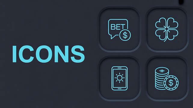 Neon Casino and Mobile Gaming Icons Set with Betting Wallet Coins and Lucky Symbols