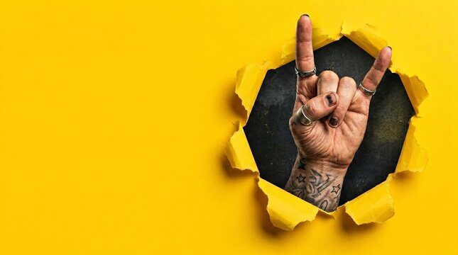 Rock on gesture with tattooed hand breaking through yellow paper background