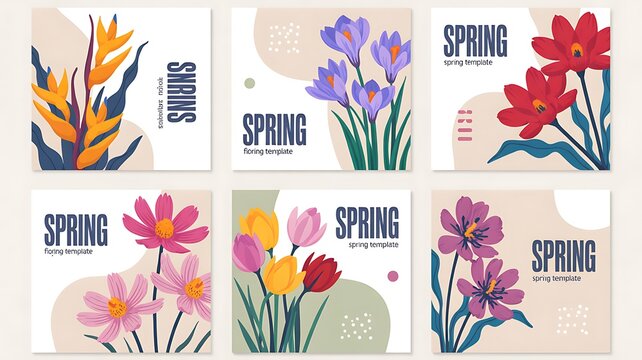 Spring Floral Social Media Post Templates Set with Colorful Flowers Modern Botanical Design Collection