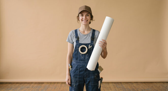 Individual is in a room with a light color wall. They are wearing overalls and a cap while holding a large roll of paper. The person looks happy and friendly