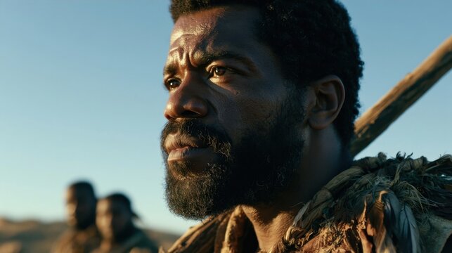 Close up portrait of a rugged man with dark skin and beard looking intensely into the distance