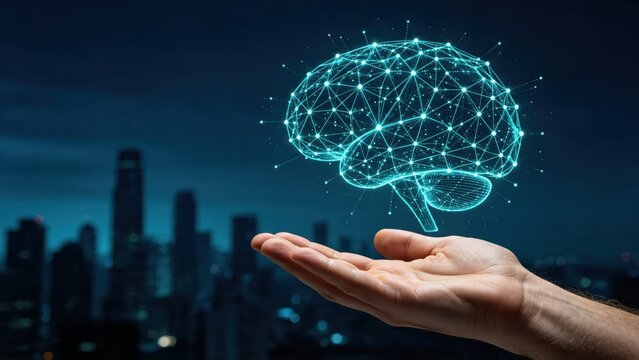 Glowing wireframe brain hologram floating above a human hand against a blurred city skyline at night, representing artificial intelligence, neural networks, machine learning