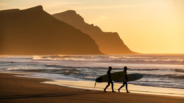 Surfers Walking Along Tropical Beach at Sunset with Surfboards Coastal Adventure and Ocean Lifestyle
