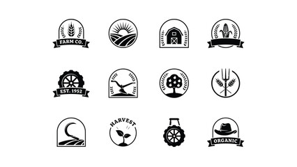 Twelve vintage style agricultural and farm themed logos featuring wheat barns tractors and organic symbols for branding © Pronab