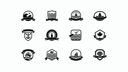 Twelve stylish nautical and nature themed emblems with ribbons for branding travel © Pronab