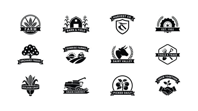 Black and white agricultural farm brand logos showcase vintage style farmhouse business identity designs