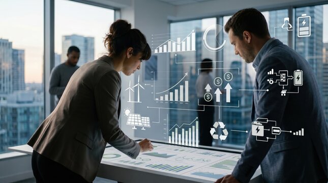 Business team analyzing green energy data on digital dashboard, office meeting, renewable power charts, sustainability investment, solar wind icons, financial growth graph