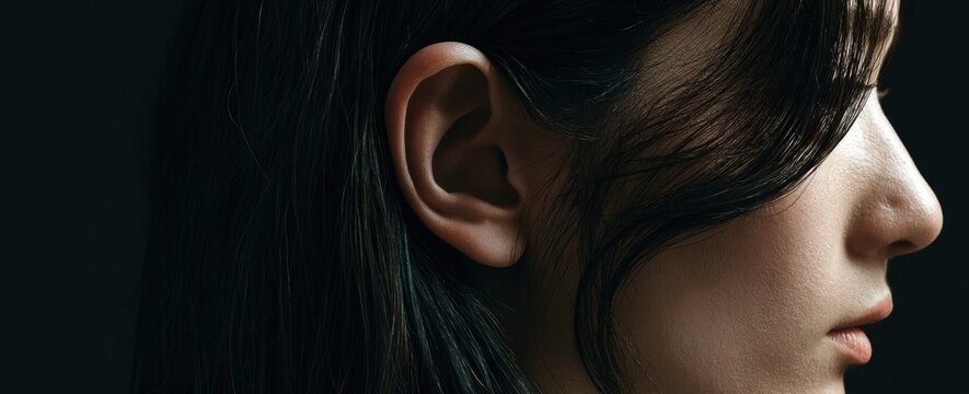 Close up profile of a woman's ear and dark hair