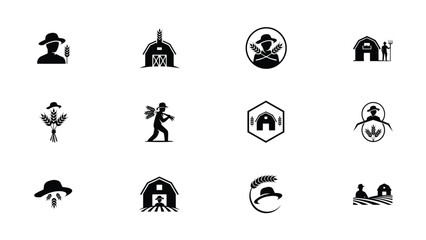 Minimalist agricultural icons showcase farming tools barns and workers for organic food branding © Pronab