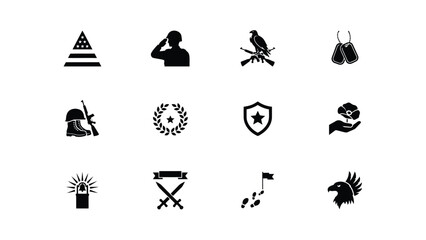 Obraz premium Minimalist black and white military and patriotism icon set featuring salutes awards