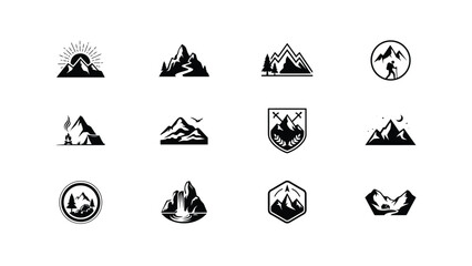 Minimalist mountain adventure icons showcase diverse hiking themes for outdoor brands © Pronab