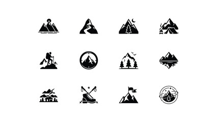 Minimalist black and white mountain adventure iconset showcasing hiking camping and exploration themes for outdoor travel branding © Pronab