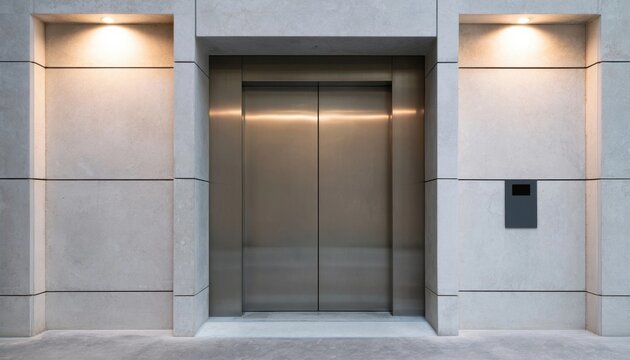 Closed brushed metal elevator doors set in beige stone wall with warm recessed lighting