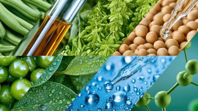 Close-up collage of green beans, soybeans, leaves, water droplets, and a glass pipette with amber liquid, showcasing natural ingredients and textures