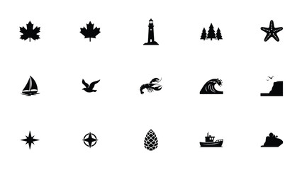 Obraz premium Minimalist black and white icon sheet featuring diverse nautical nature and travel symbols for branding