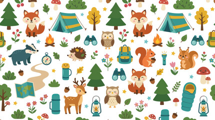 Fototapeta premium Cute Cartoon Forest Animals and Camping Gear Seamless Pattern - Outdoor Adventure and Nature Flat Design
