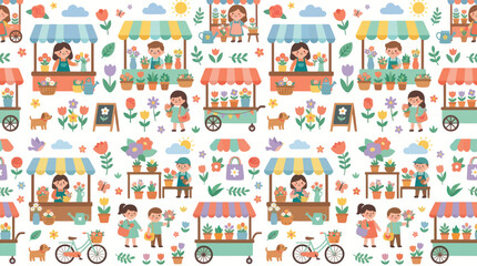 Naklejka premium Flat Illustration Spring Flower and Gardening Market Pattern with Happy Kids and Stalls Vector