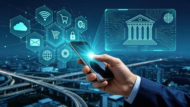 Hand holding smartphone projecting fintech banking interface with cloud computing and security icons, illustrating mobile payment