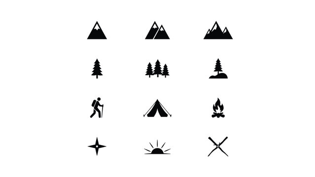 Minimalist camping adventure iconset showcasing hiking tents fire and nature symbols in sleek black silhouette style