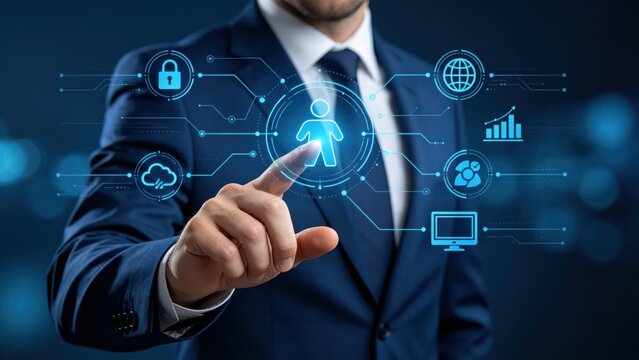 Cyber security concept with businessman touching virtual identity icon, digital network protection, data privacy and cloud computing safety