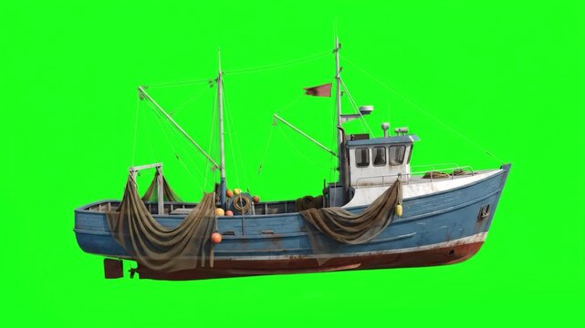 A detailed 3D model of an industrial blue fishing trawler with hanging nets and rigging isolated on a green screen background. This asset is tailored for commercial fishing promotions, seafood industr
