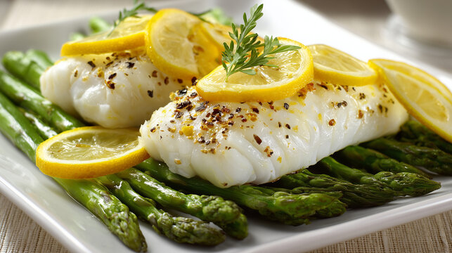Baked cod fish with asparagus and lemon slices, white ceramic plate