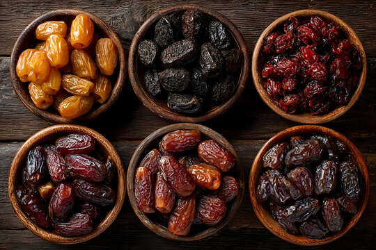 Dates or dattes palm fruit in wooden bowl is snack healthy, Set of various dates in bowl, Different kind of raw date fruit ready to eat, concrete background, Traditional, delicious and healthy ramadan