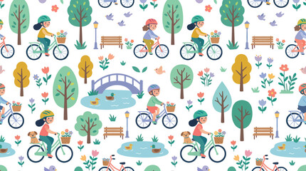 Naklejka premium Cute Flat Vector Seamless Pattern of Happy People Cycling in Park. Kids Outdoor Lifestyle and Recreation.