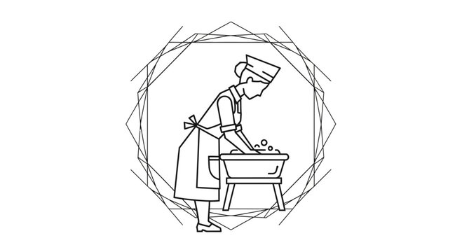 Vintage maid washing clothes in a basin, retro domestic work, line art illustration