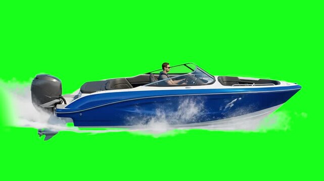 A 3D animated scene of a man steering a modern blue and white speedboat at high speed, creating realistic white water splashes against a chroma key green background. Ideal for summer vacation, luxury 