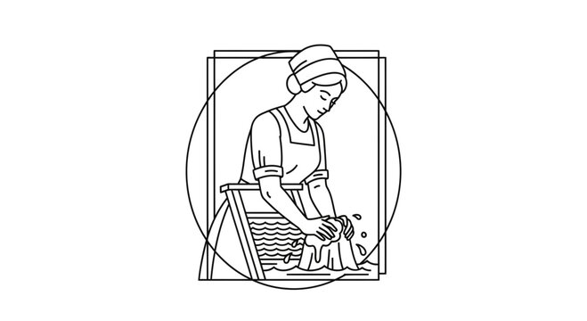 Vintage Woman Washing Clothes by Hand on a Washboard