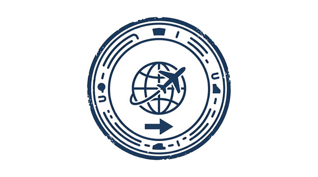 A circular stamp featuring a globe and airplane in flight