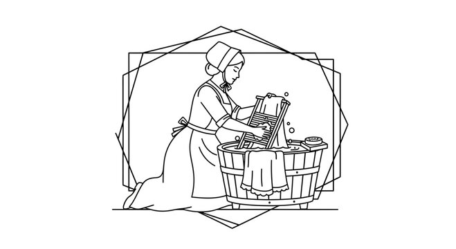Vintage woman washing clothes in a wooden tub with a washboard and soap