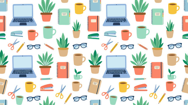 Flat Design Seamless Pattern of Office Supplies and Stationery Icons
